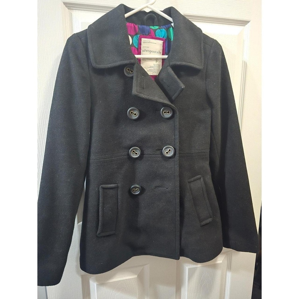 Aéropostale Black Wool Blend Pea Coat Fun Geometric Satin Lining Size Small